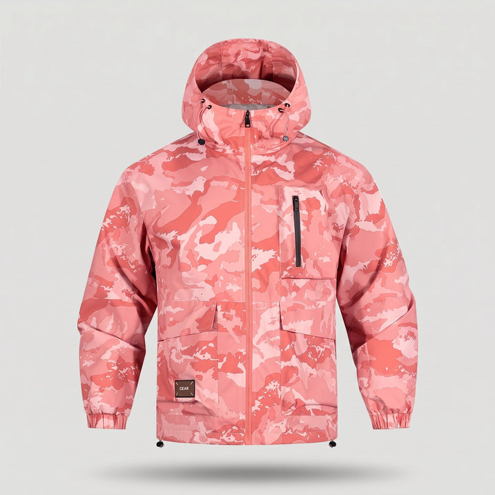 Pink camo hooded jacket, front