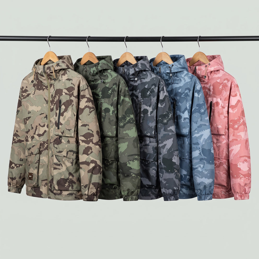 Camo jacket in five colors hanging on a rail