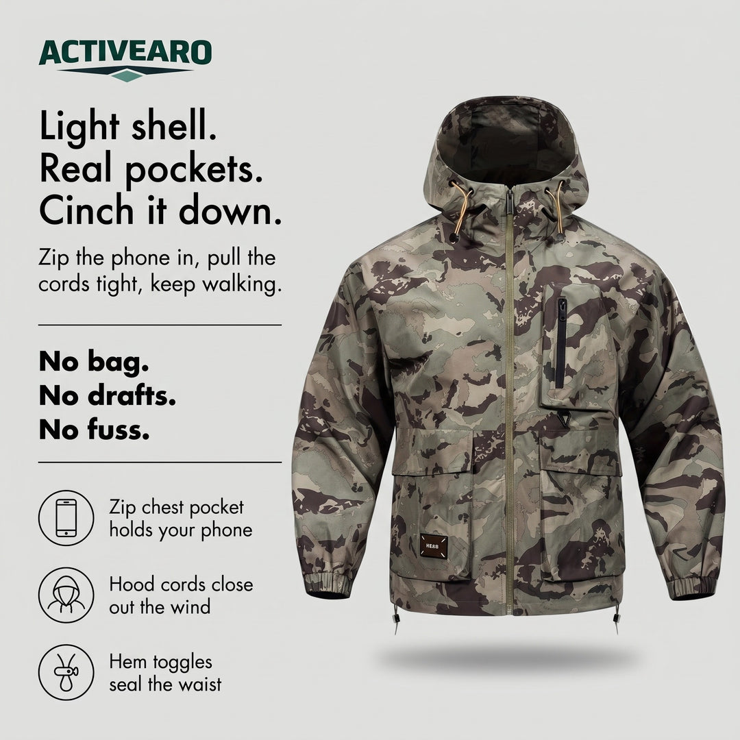 Camo jacket features: zip chest pocket, hood cords, hem toggles