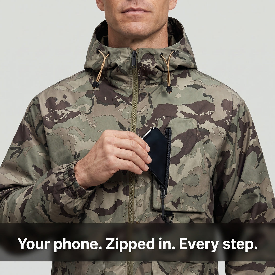Phone going into the zip chest pocket of the camo jacket