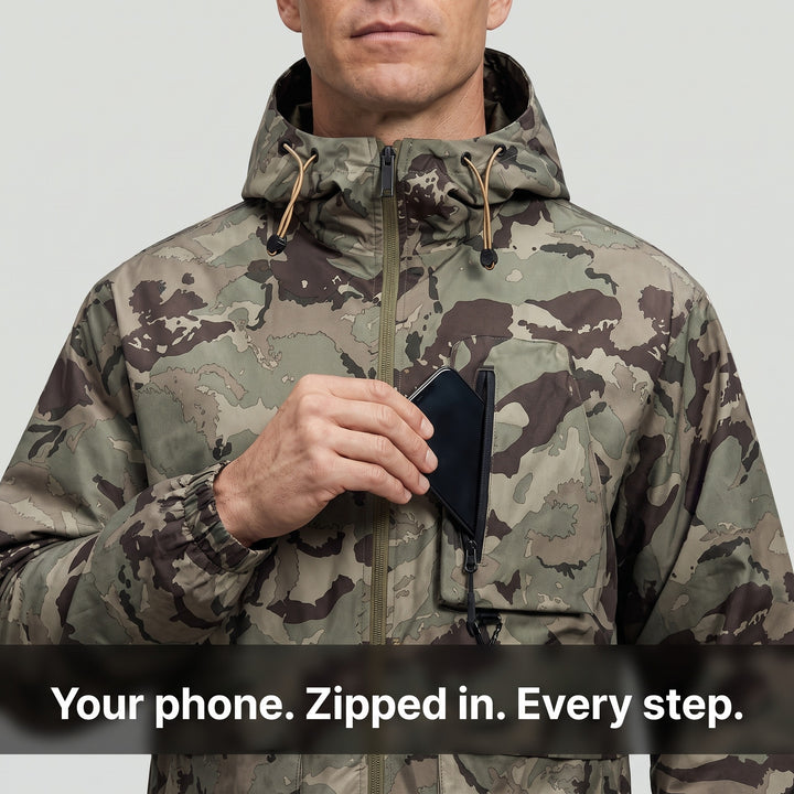 Phone going into the zip chest pocket of the camo jacket