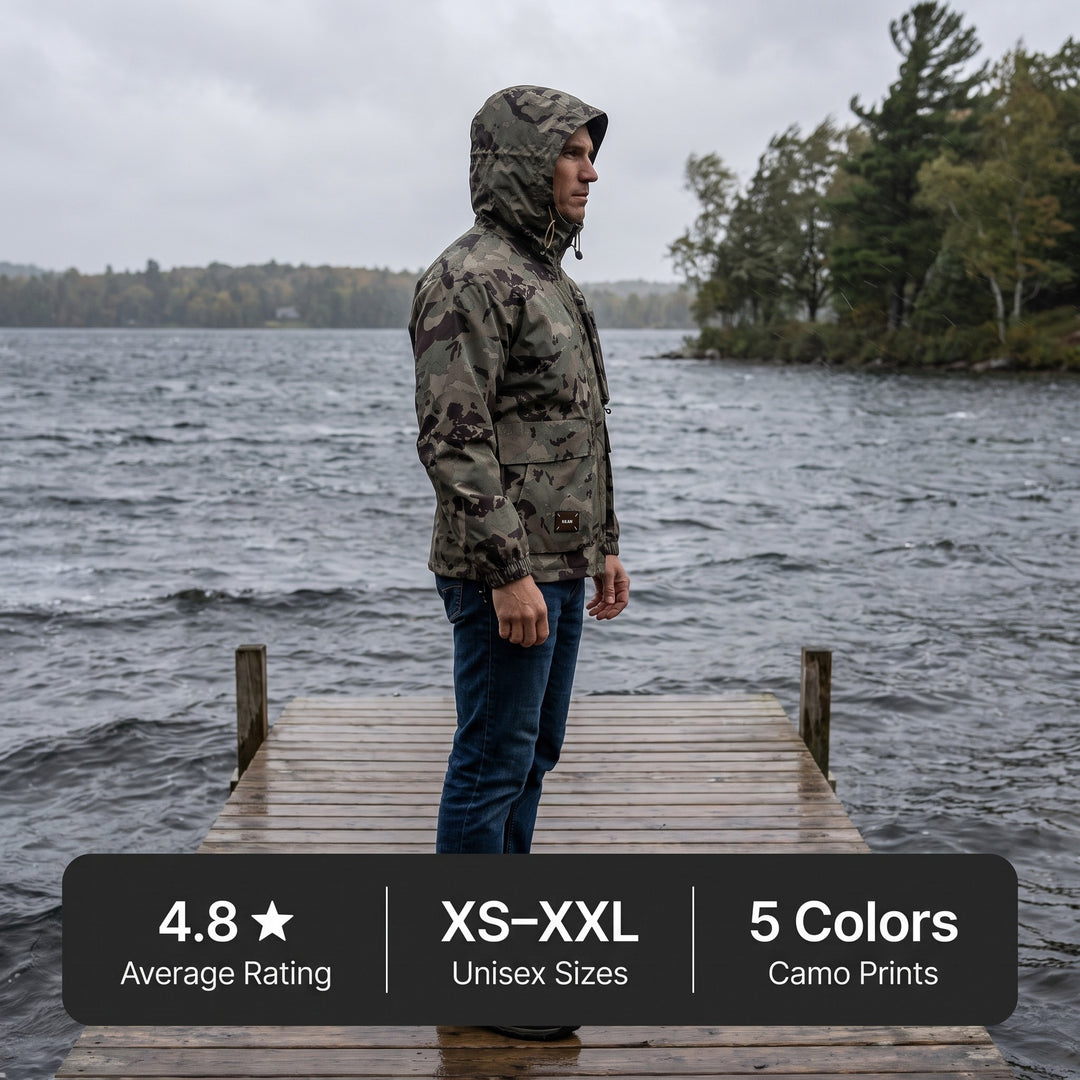 Man in the camo jacket with hood up on a lake dock