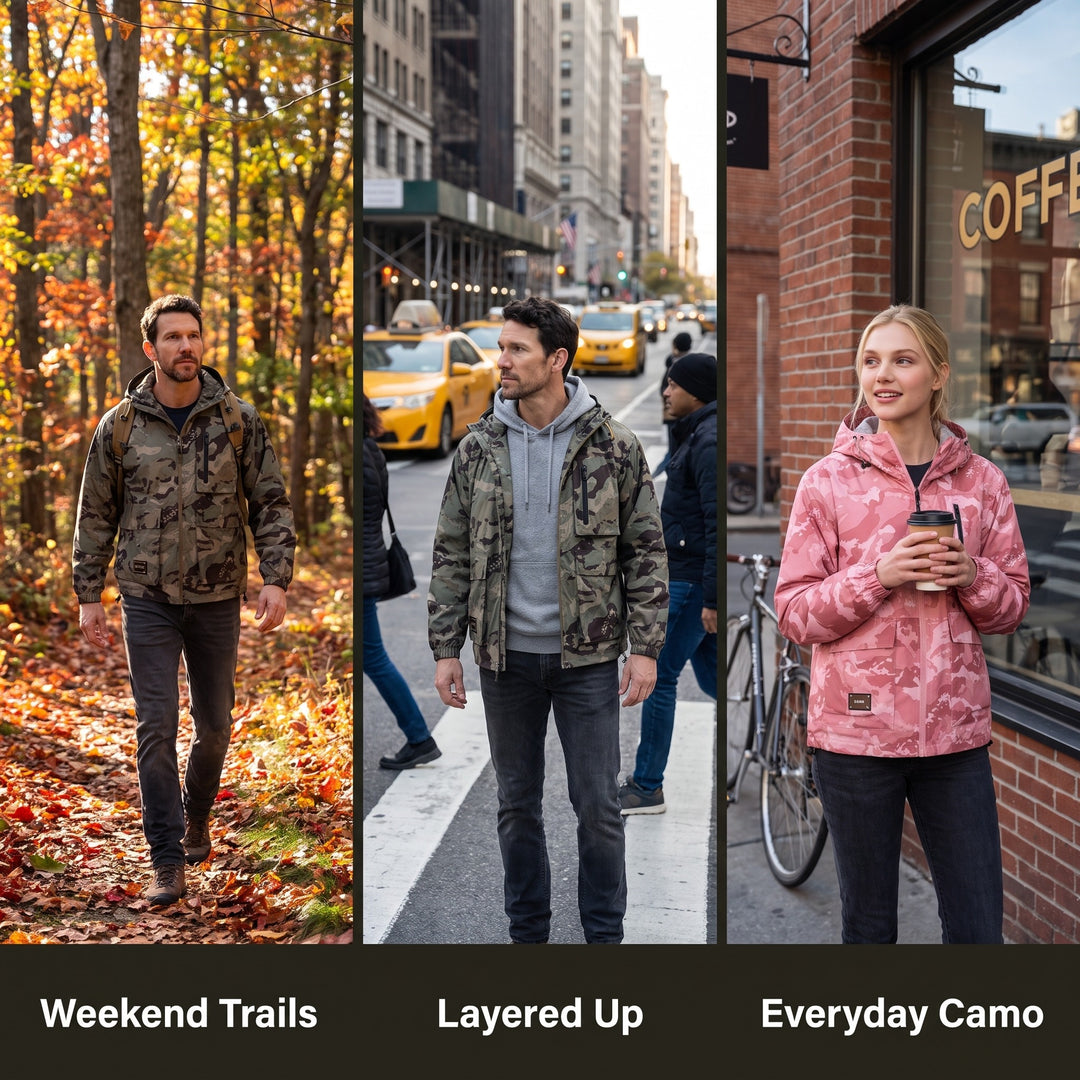 Camo jacket on a trail, in the city and outside a coffee shop