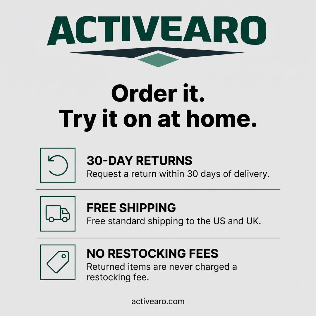 Activearo 30-day returns, free shipping to the US and UK, no restocking fees