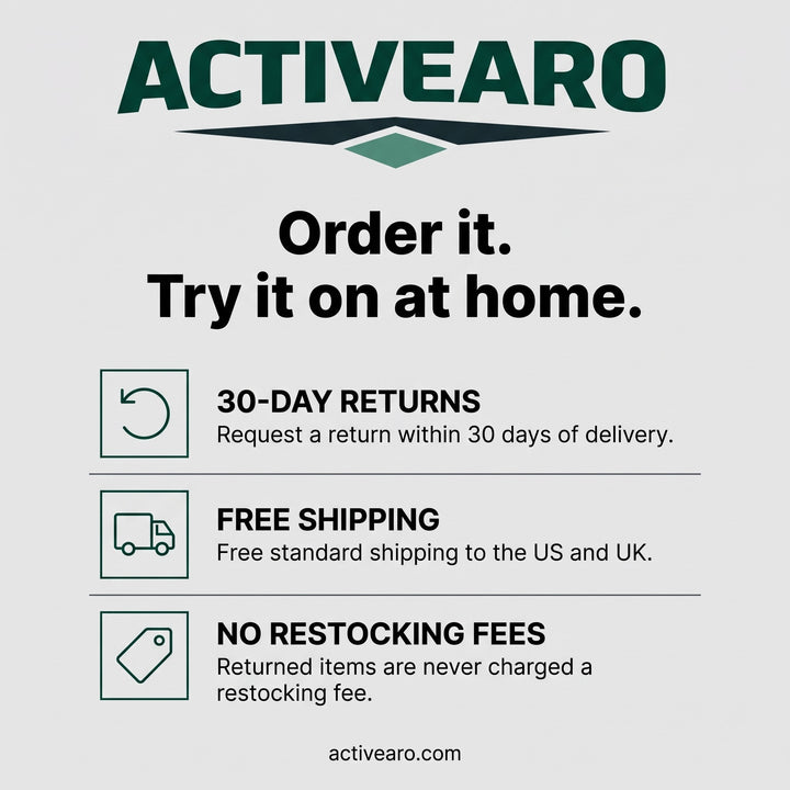 Activearo 30-day returns, free shipping to the US and UK, no restocking fees