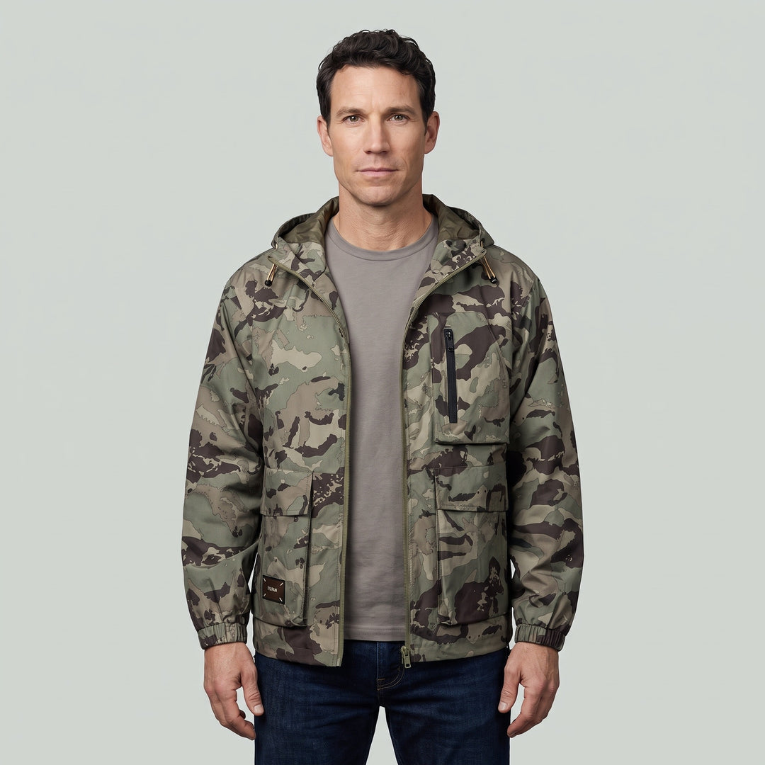 Man wearing the khaki camo hooded jacket, front view