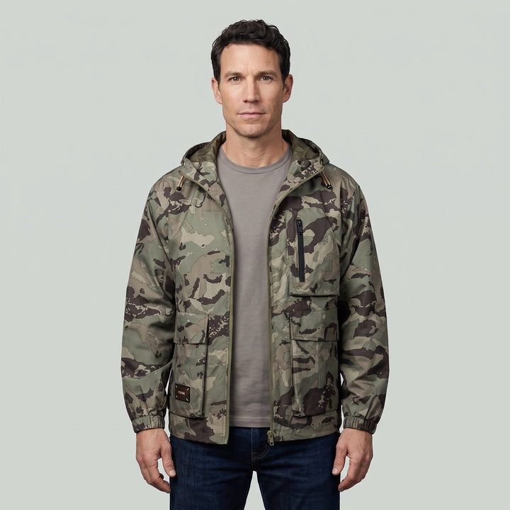 Man wearing the khaki camo hooded jacket, front view