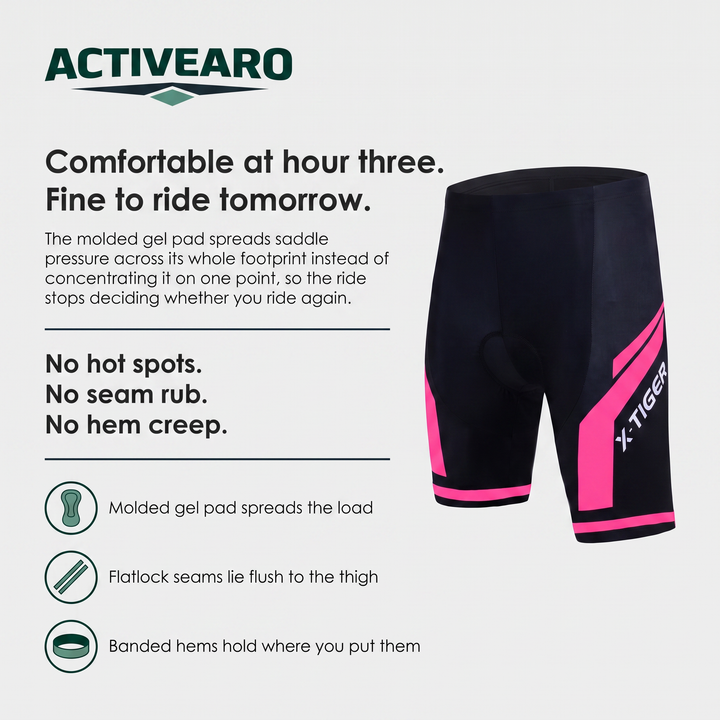 Benefits card covering the molded gel pad flatlock seams and banded hems