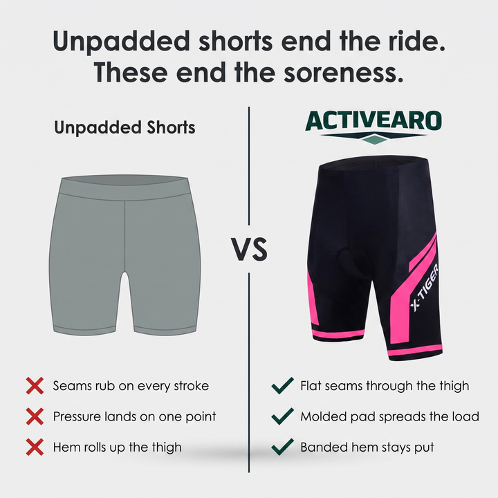 Comparison of unpadded shorts against the molded pad flatlock seams and banded hem