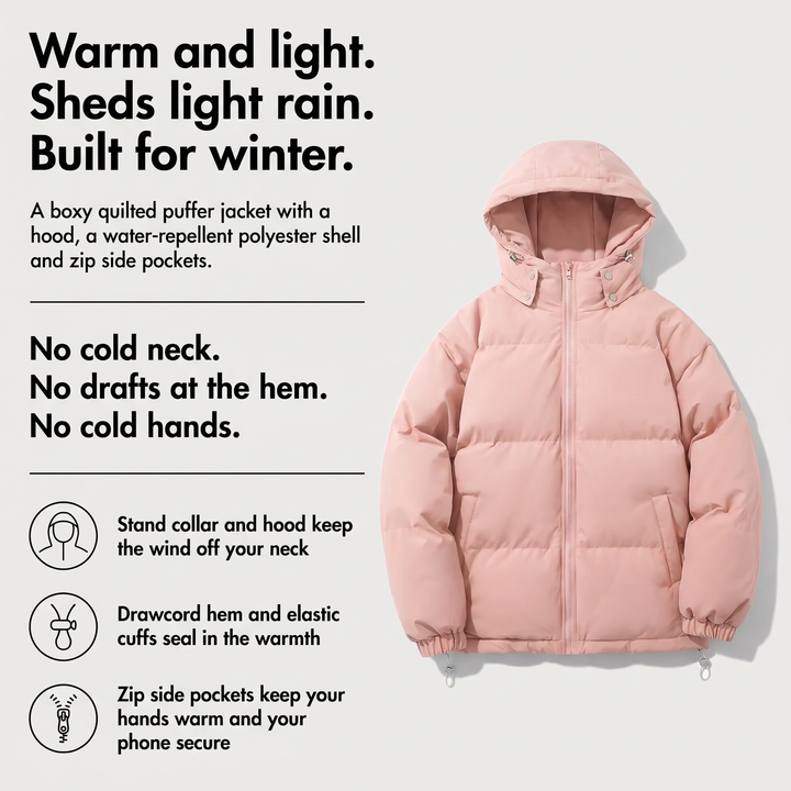 Women's quilted jacket benefits: warm padding, water-repellent shell, zip side pockets