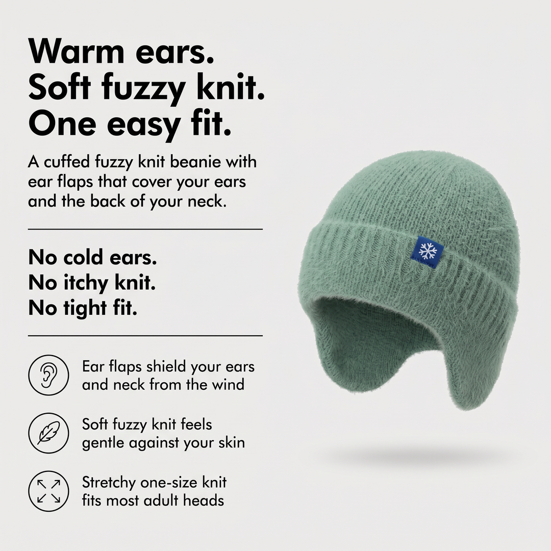 Women's beanie with ear flaps benefits: warm ears, soft fuzzy knit, stretchy one-size fit