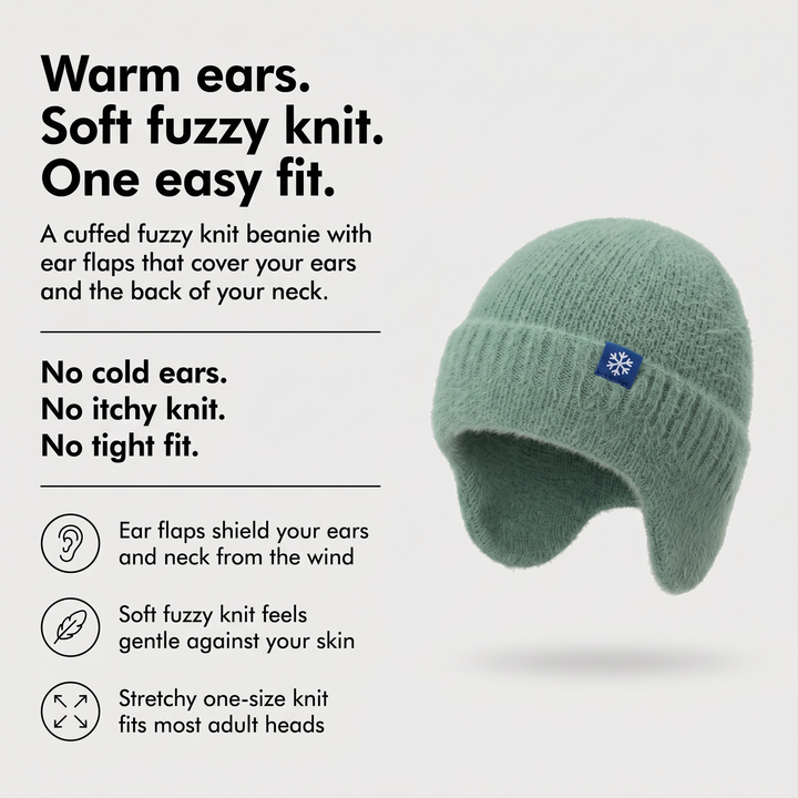 Women's beanie with ear flaps benefits: warm ears, soft fuzzy knit, stretchy one-size fit