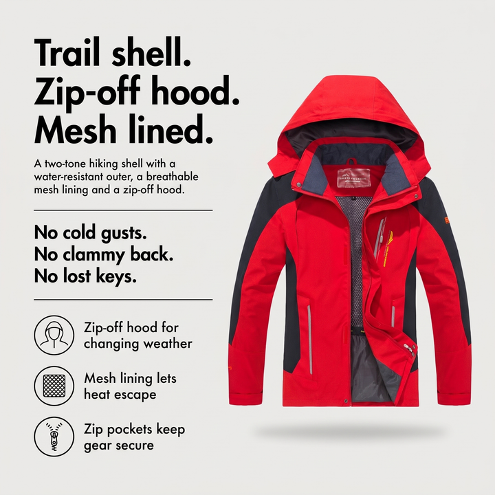 Men's shell jacket benefits: zip-off hood, breathable mesh lining, zip pockets