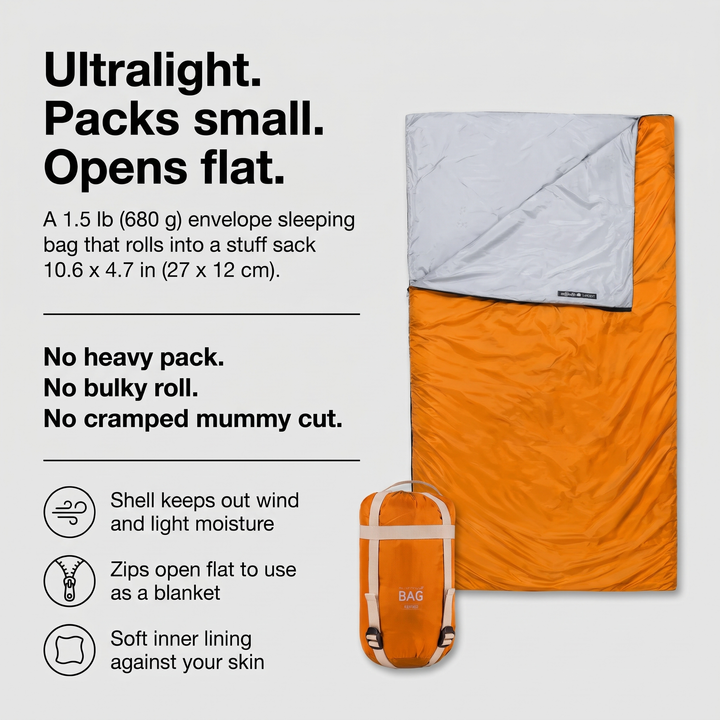 Ultralight 1.5 lb envelope sleeping bag that packs into a small stuff sack