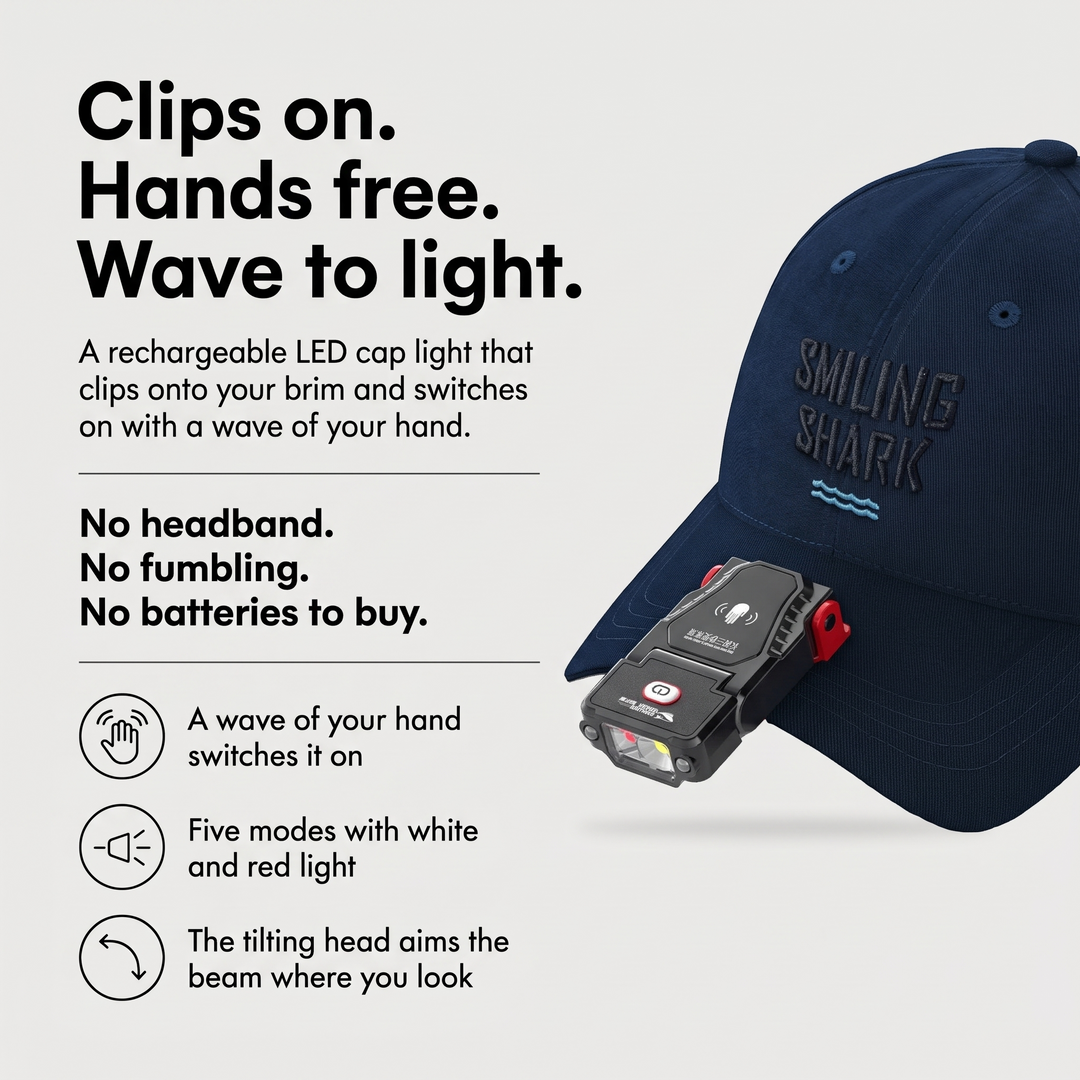 Clip on cap light benefits: hands free, hand-wave motion sensor, five white and red modes
