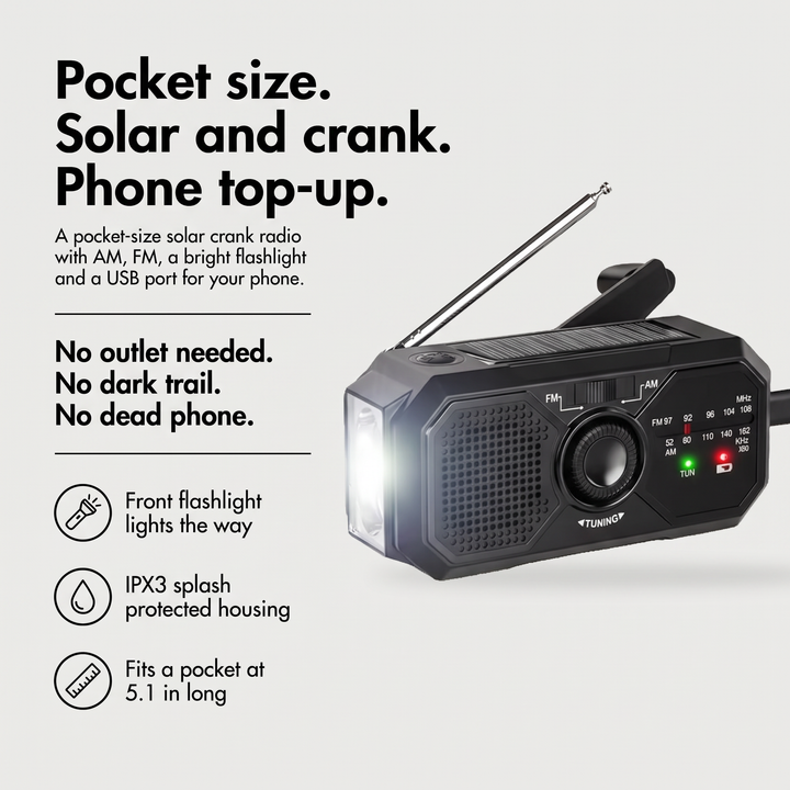 Pocket radio benefits: pocket size, solar and crank charging and a phone top-up