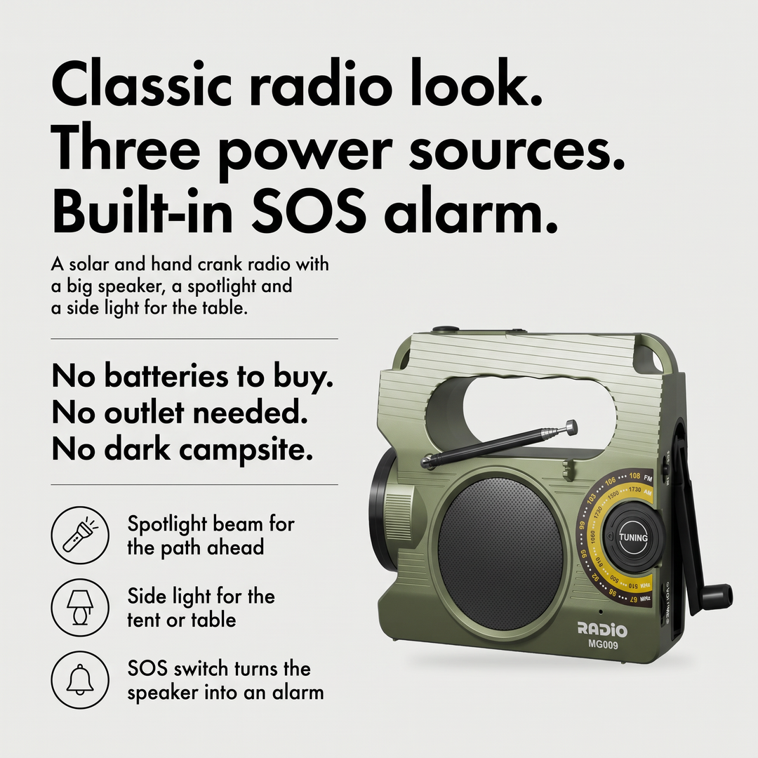Solar radio benefits: classic radio look, three power sources and a built-in SOS alarm