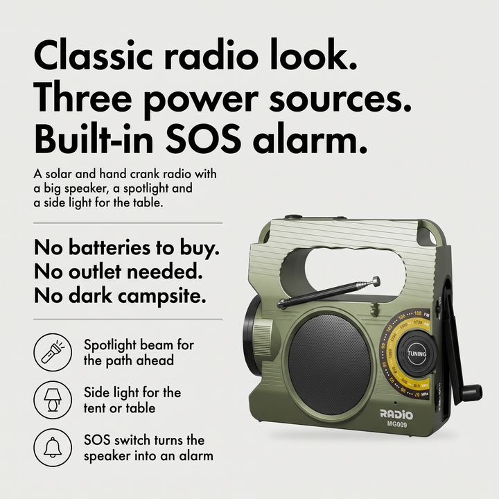 Solar radio benefits: classic radio look, three power sources and a built-in SOS alarm