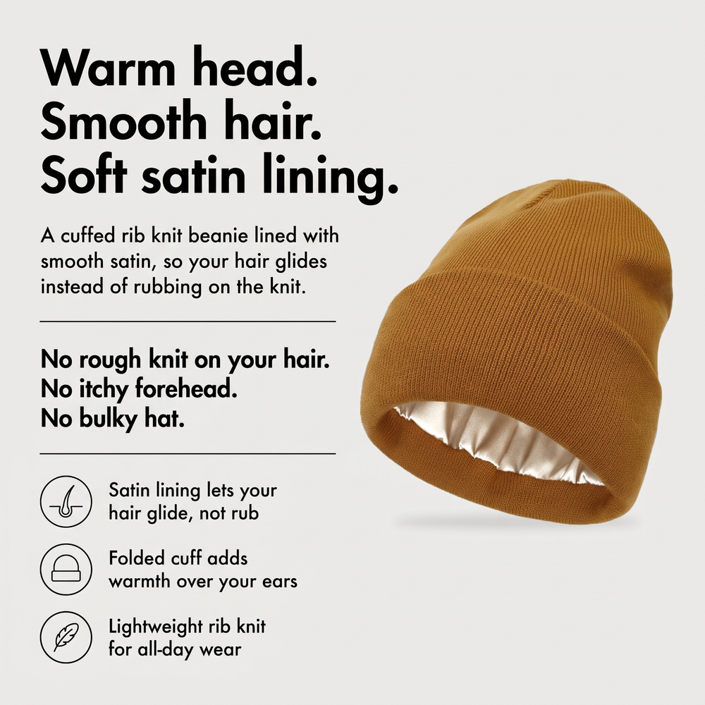 Satin lined beanie benefits: smooth satin lining, folded cuff, lightweight rib knit