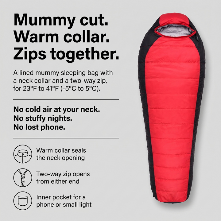 Lined mummy sleeping bag for 23°F to 41°F with neck collar and two-way zip