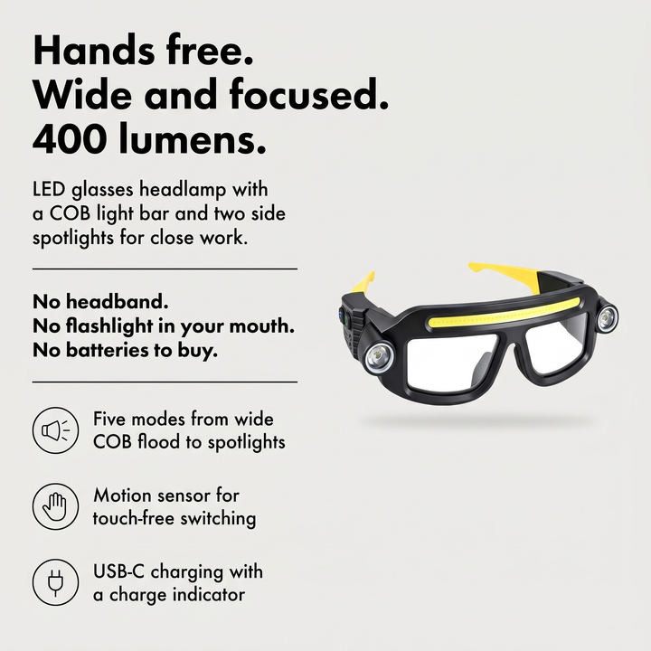 Flashlight glasses benefits: hands free, wide COB flood and side spotlights, 400 lumens