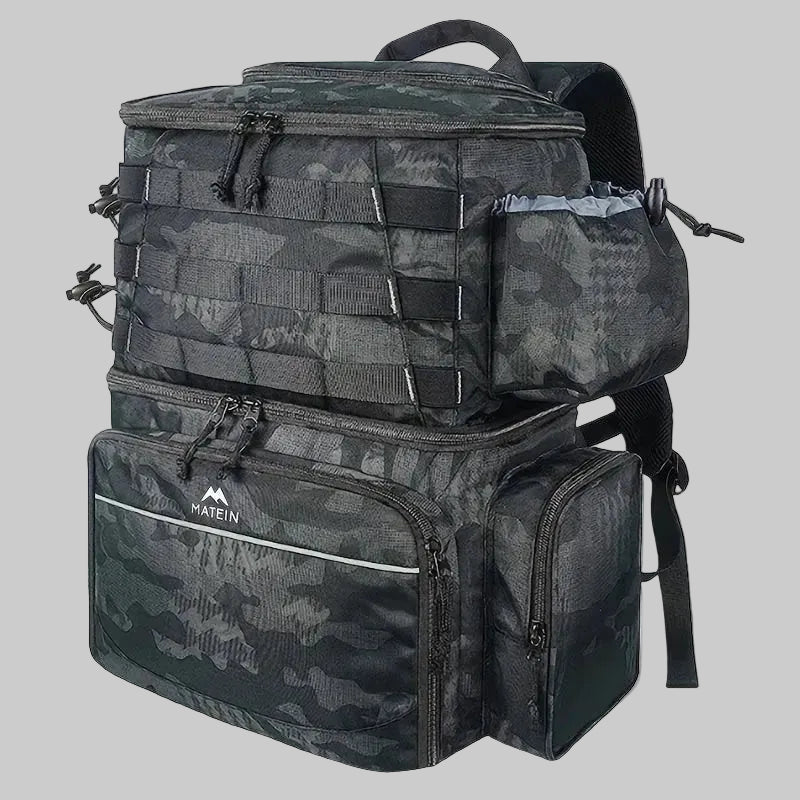 Camouflage backpack with multiple compartments on a light gray background