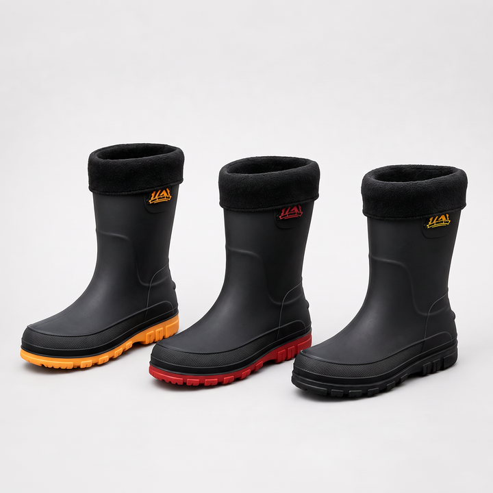 Men's fleece lined wellies in Black / Yellow, Black / Red and Black side by side