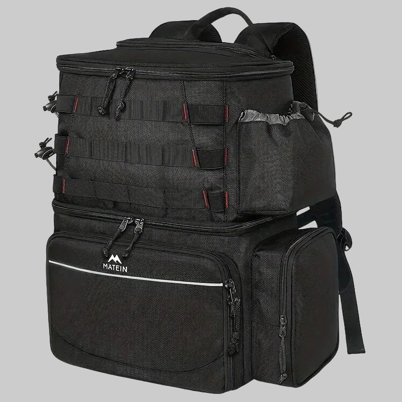 Black tactical backpack with multiple compartments on a light gray background