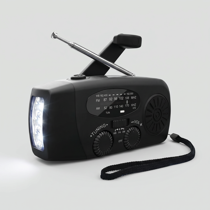 Black emergency hand crank radio with NOAA weather band, solar panel, flashlight and crank handle