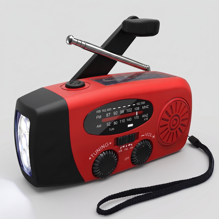 Red emergency hand crank radio with NOAA weather band, solar panel, flashlight and crank handle