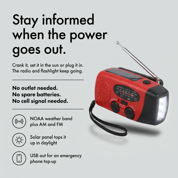Emergency hand crank radio infographic, stay informed when the power goes out