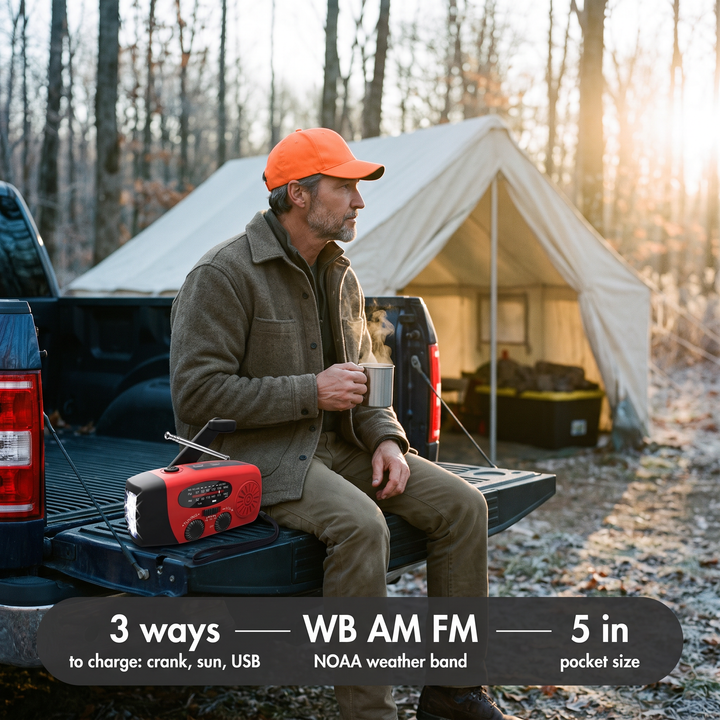 Hunter listening to the morning weather on the hand crank radio at hunting camp