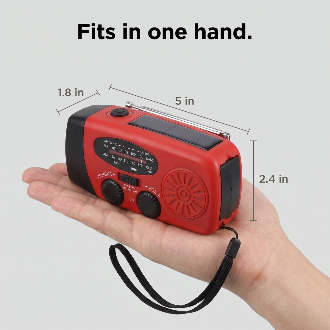 Hand crank radio held in one hand with its dimensions