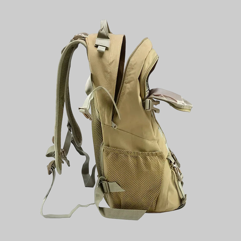 Beige backpack with multiple pockets and straps on a white background