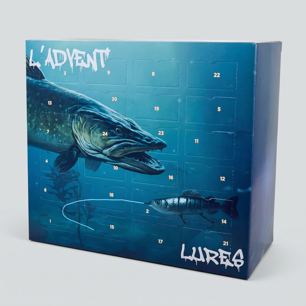 Fishing advent calendar box with pike artwork and 24 numbered doors