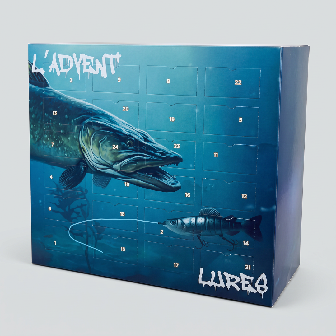 Fishing advent calendar box with pike artwork and 24 numbered doors