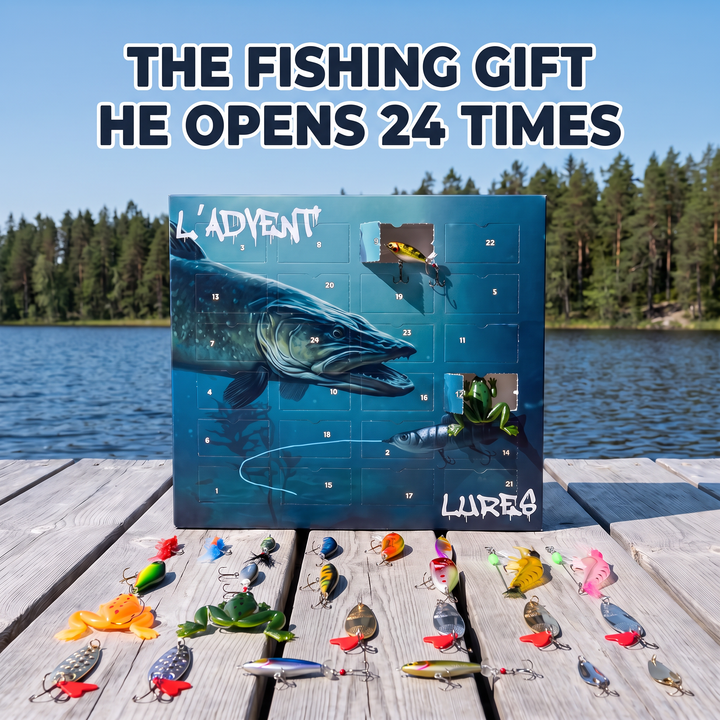 Fishing advent calendar on a lake jetty with two doors open and the 24 fishing lures inside laid out in front: crankbaits, spoons, soft frogs and shrimp lures