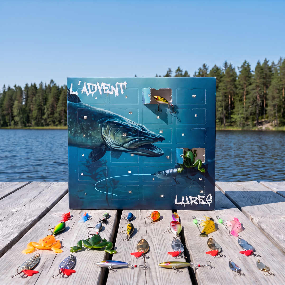 Fishing advent calendar box standing on a wooden jetty by a lake, with the 24 included fishing lures spread out in front of it