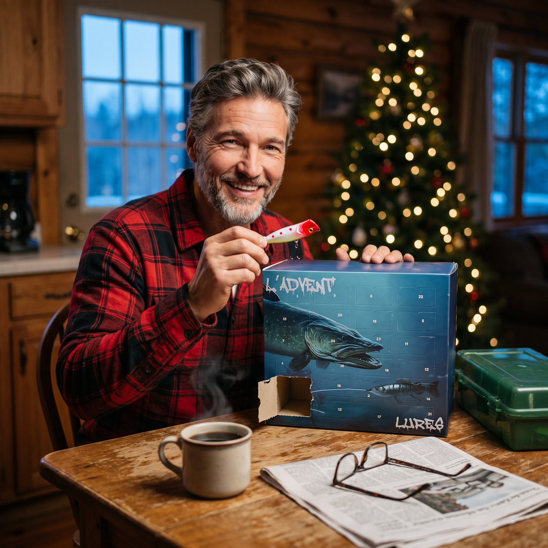 Man opening the fishing advent calendar at the kitchen table on a December morning