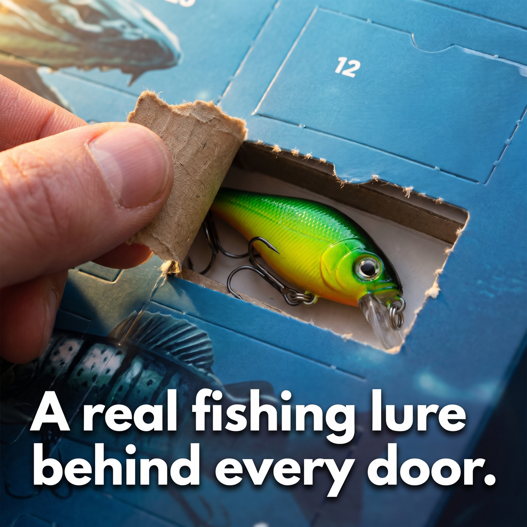 Opened advent calendar door with a green crankbait fishing lure inside
