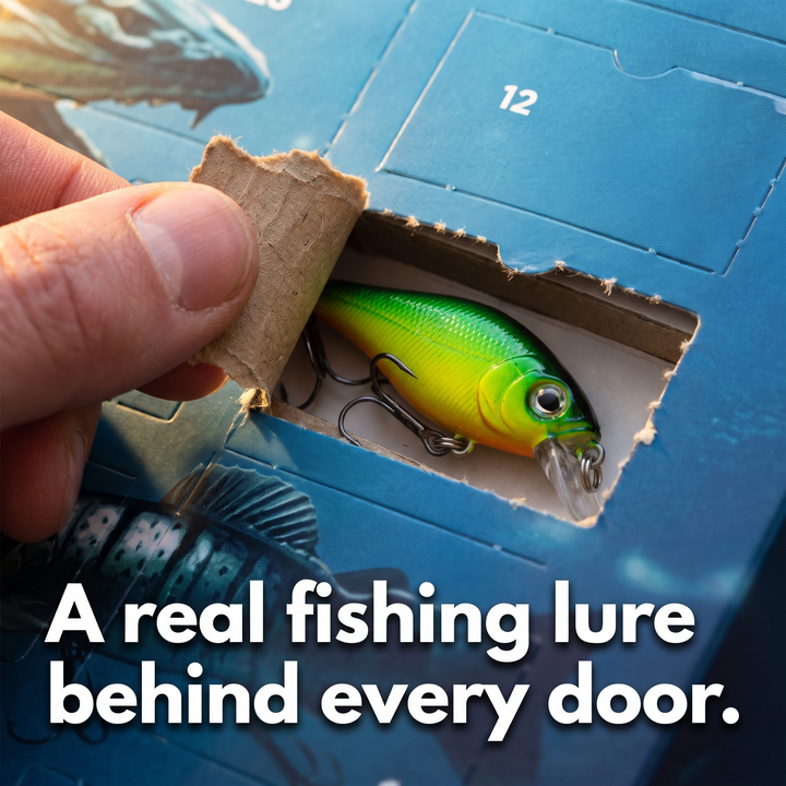 Opened advent calendar door with a green crankbait fishing lure inside
