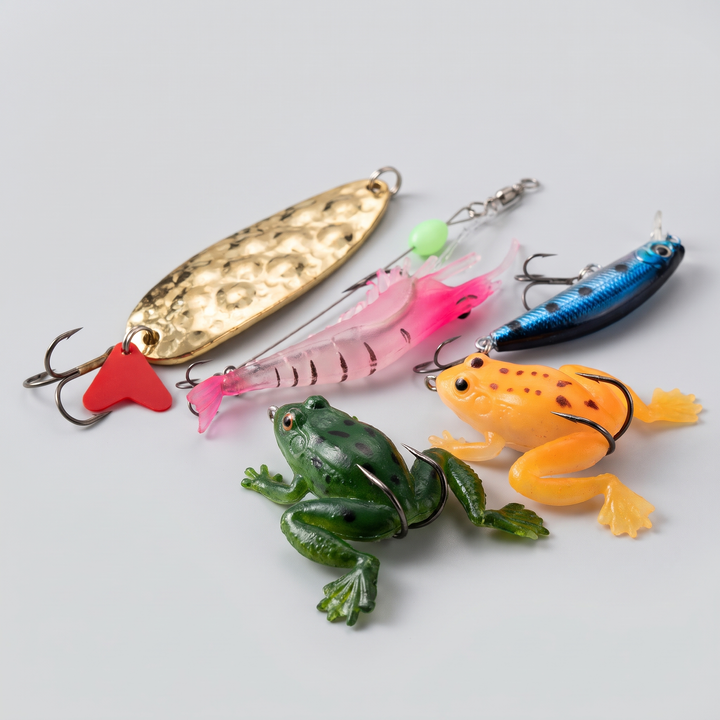 Close-up of soft frog, spoon, shrimp and minnow lures from the fishing advent calendar