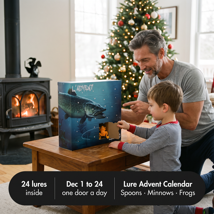 Father and son opening a door of the fishing lure advent calendar by the Christmas tree