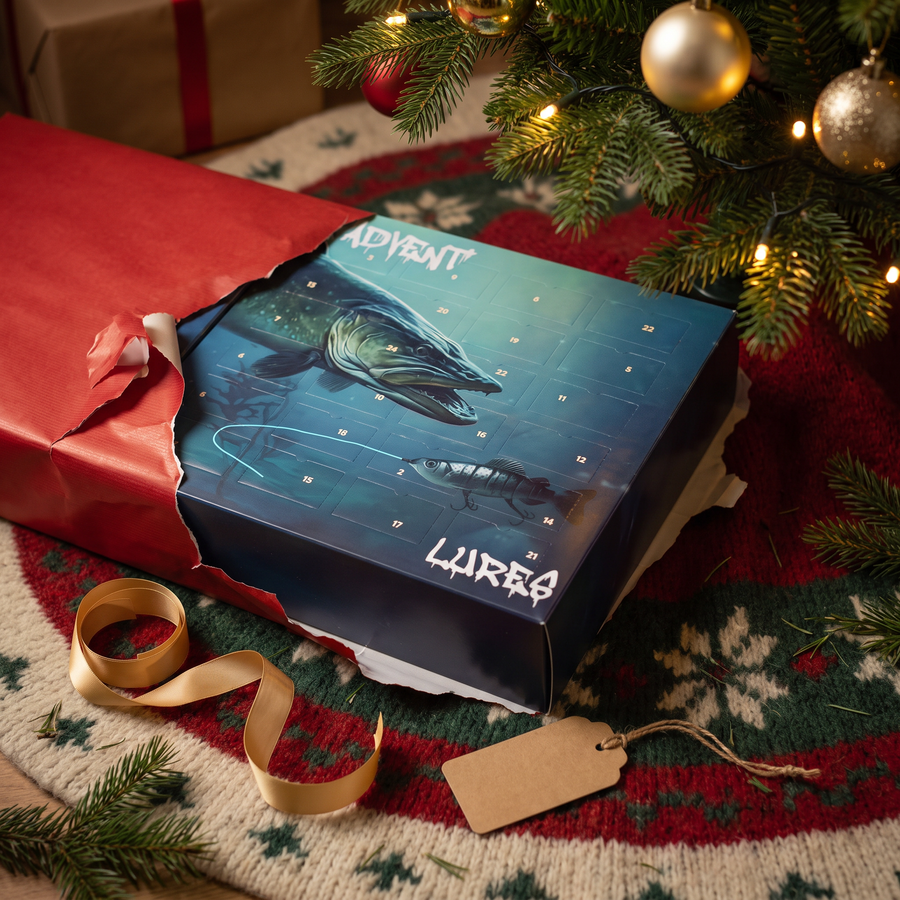 Fishing advent calendar sliding out of Christmas wrapping paper under the tree