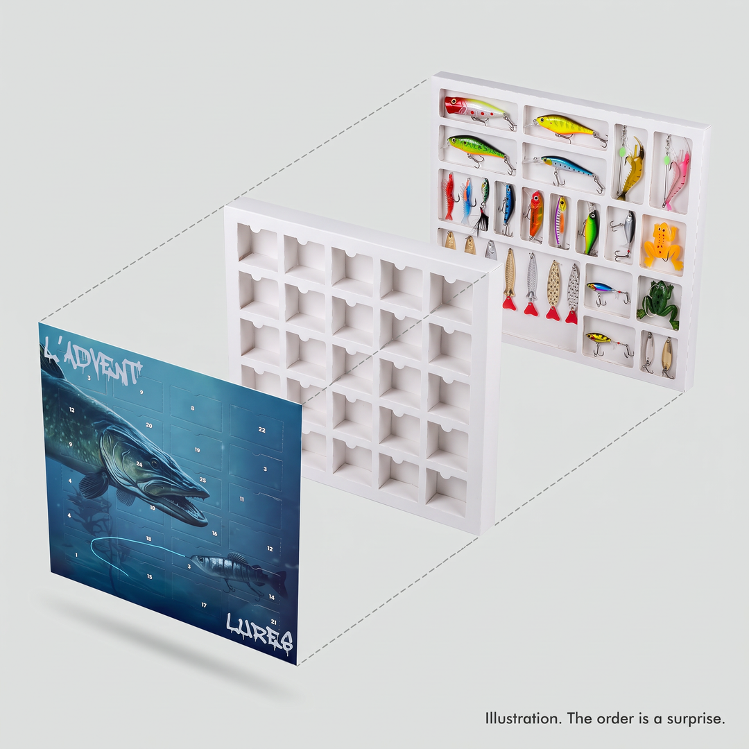 Illustration of the fishing advent calendar with a lure coming out of each of the 24 doors