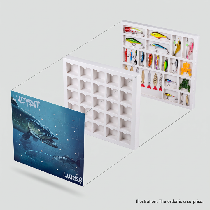 Illustration of the fishing advent calendar with a lure coming out of each of the 24 doors