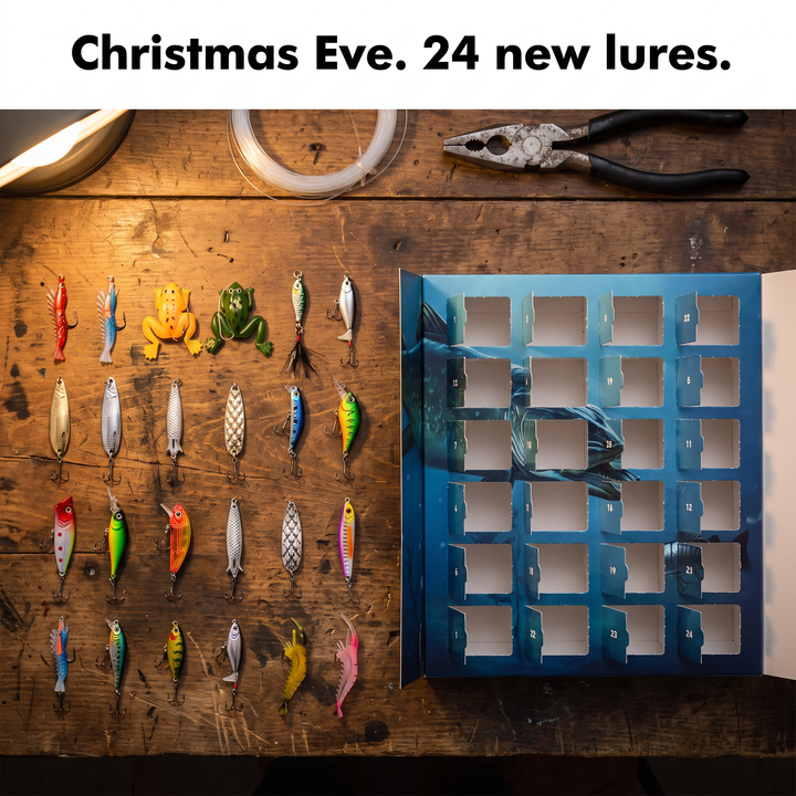Christmas Eve: 24 fishing lures laid out next to the opened advent calendar