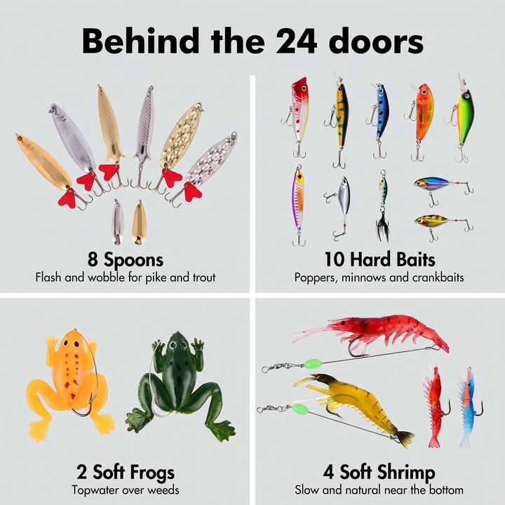 What is inside the fishing advent calendar: 8 spoons, 10 hard baits, 2 soft frogs and 4 soft shrimp