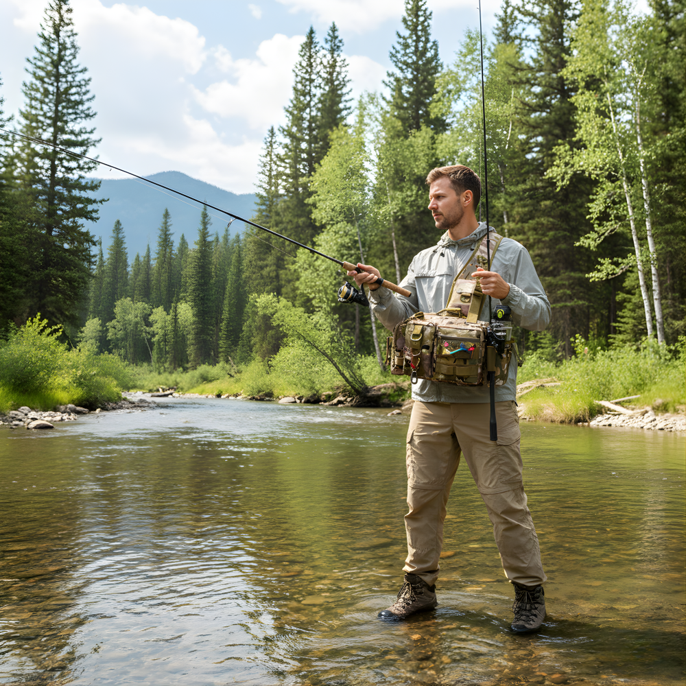 Man fishing in a river surrounded by trees and mountains