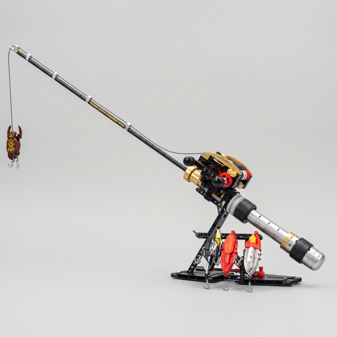 Fishing rod building kit built model with working reel on its display stand
